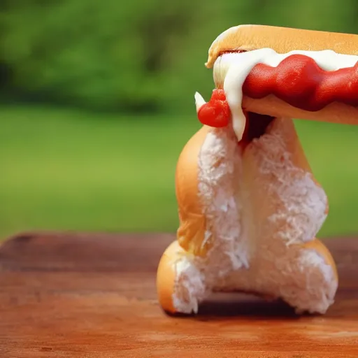 Image similar to a hotdog biting its own tail