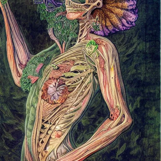 Image similar to a beautiful detailed full body rotten woman corpse morphing into fractal plants and fractal flowers and mushrooms, muscles, veins, anatomical, intricate, ornate, volumetric light, beautiful lit, manet