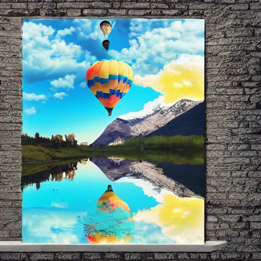 Image similar to photo of two black swans touching heads in a beautiful reflective mountain lake, a colorful hot air balloon is flying above reflecting off water, hot air balloon, intricate, 8k highly professionally detailed, centered, HDR, CGsociety