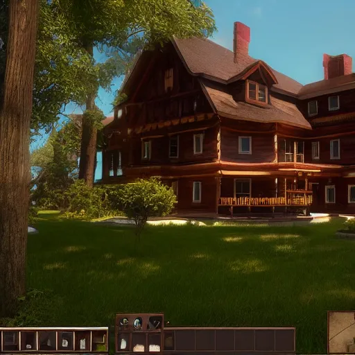 Image similar to Peaceful wooden mansion, unreal engine 5 tech demo, Asher Duran