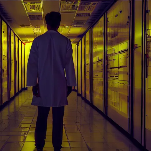 Prompt: a male scientist wearing a lab coat standing lost in the backrooms, mono - yellow old moist carpet infinite liminal space, very dark shadows, fluorescent lighting, horror movie scene, film grain