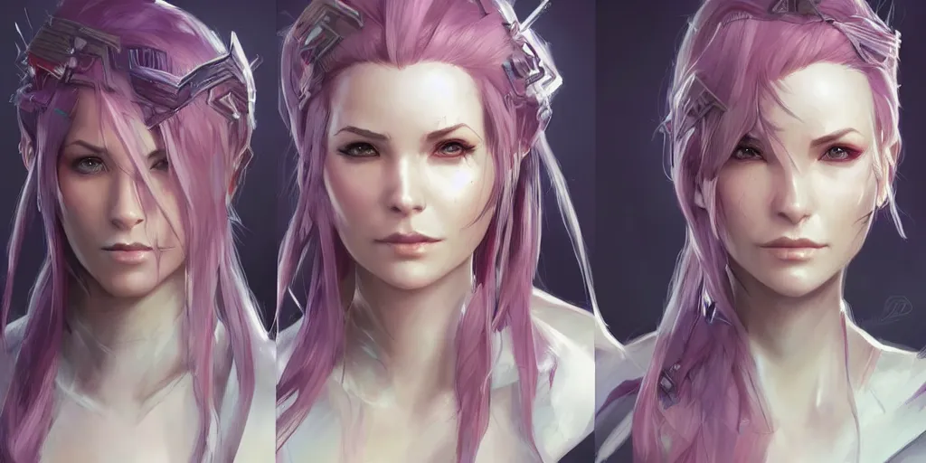 Image similar to concept art of young female netrunner d & d video game characters head designs, unique hair designs, by marc brunet and artgerm