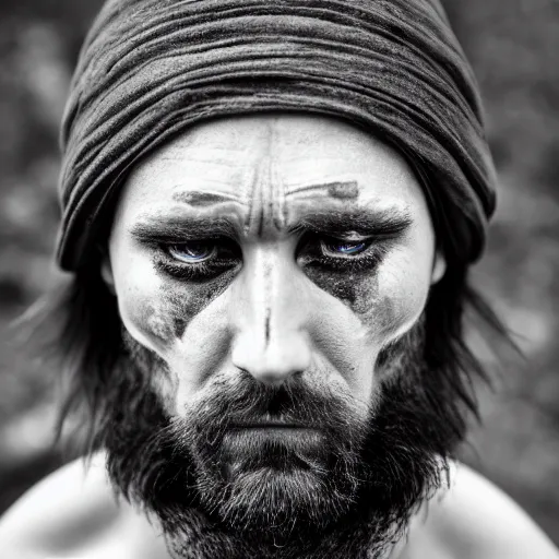 Image similar to minimalist photography portrait of a germanic pagan man, sad, crying, tear, early middle ages, super close up, mid thirties, cute round slanted eyes, caucasian, wide nostrils, high cheekbones, full cheeks, high flat eyebrows, leica 1 0 0 mm f 0. 8