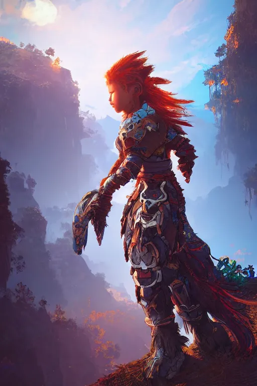 Image similar to combination suit armor aloy horizon forbidden west horizon zero dawn radiating a glowing aura global illumination ray tracing hdr fanart arstation by ian pesty and alena aenami artworks in 4 k tribal robot ninja mask helmet backpack