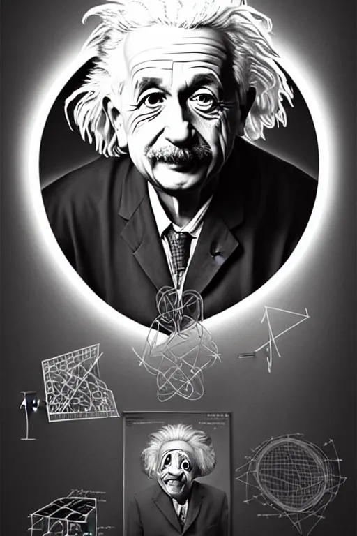 Prompt: albert einstein portrait with equations, detailed, intricate art deco, algebra, physics, sharp focus, art by artgerm and beeple and greg rutkowski and wlop