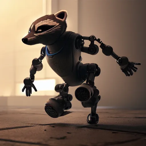 Image similar to a robot racoon, octane render, realistic