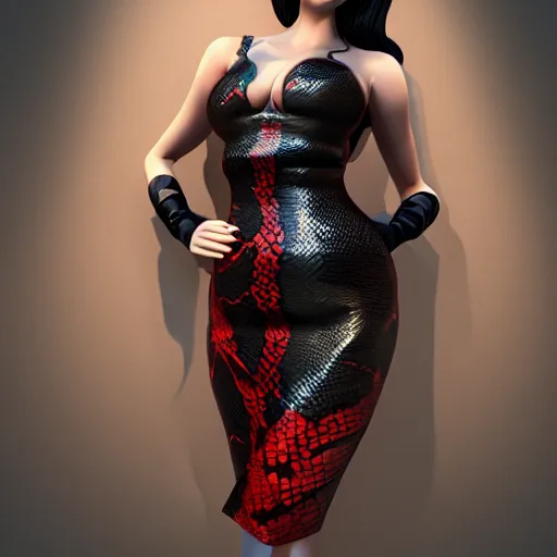 Prompt: curvy feminine hot goth woman with elegant red-black snakeskin leather dress, camo pattern, cgsociety, photorealistic, sublime ambience, idealistic, 16k, smooth, sharp focus, trending on ArtStation, volumetric lighting, fully clothed, worksafe