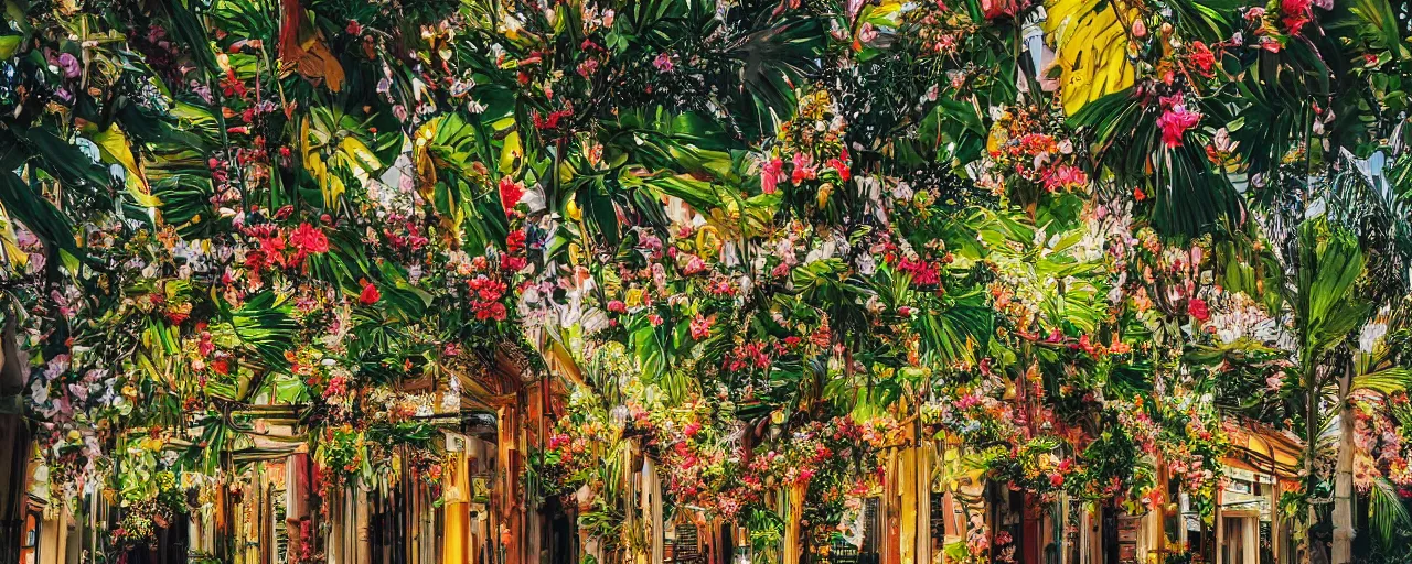 Image similar to a highly detailed oil photo of Tropical Flowers, a view from ground level: elegant, ornate, daytime. this is a beautifully lit scene, fine art photography