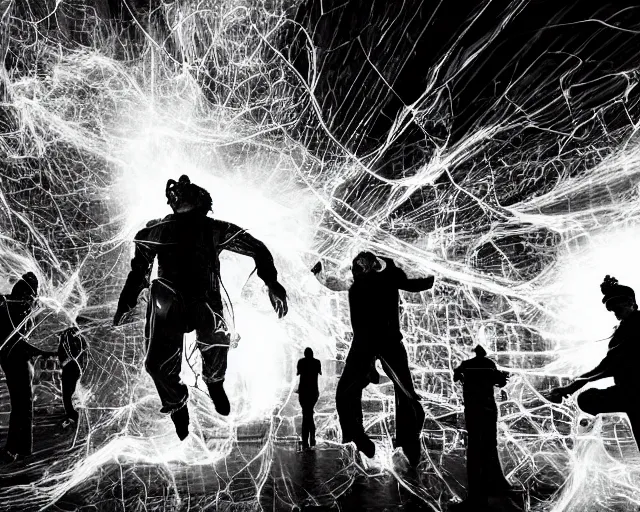 Image similar to Jumping monkey smashing typewriters, group of people on stage playing baroque instruments, muted stage effects, dust, smoke, giant LED screens, colored projections, ultrafine detail, cybersuit, glowing thin wires, smoke, high contrast, projections, holography, volumetric lighting, cinematography by Jim Jarmusch