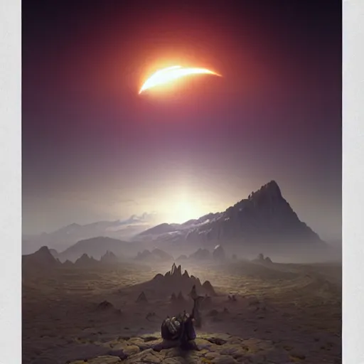 Image similar to a highly detailed matte painting of a double solar eclipse, art by artgerm and greg rutkowski and alphonse mucha, volumetric lighting, octane render, 4 k resolution, trending on artstation, masterpiece