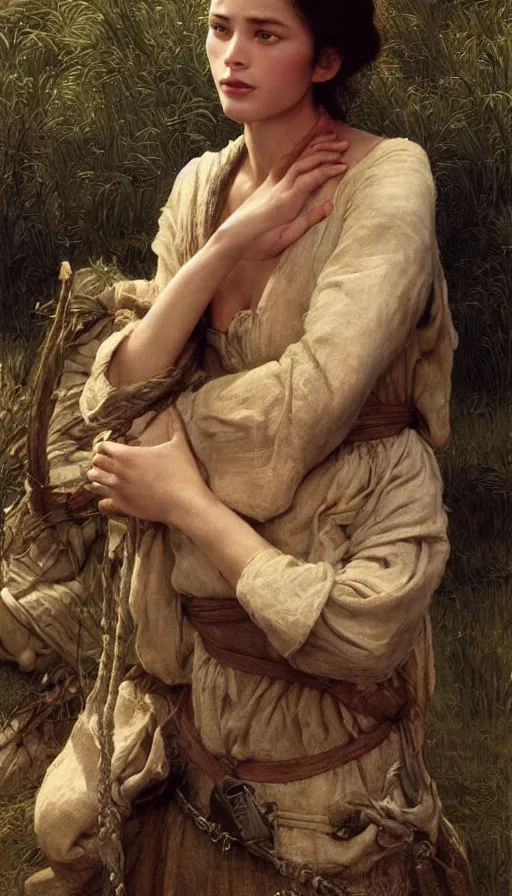 Image similar to epic masterpiece young emanuelle beart as peasant, sweaty skin, hyperrealistic, octane render, cinematic, beautiful face and flawless skin, perfect hands, 5 fingers, by edgar maxence and ross tran and michael whelan, legends of runeterra