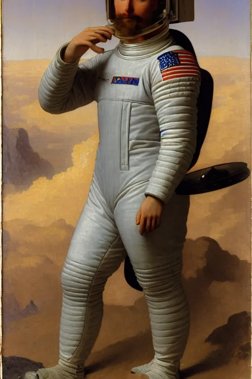 Image similar to a portrait of a male astronaut, wearing a spacesuit and helmet, by bouguereau