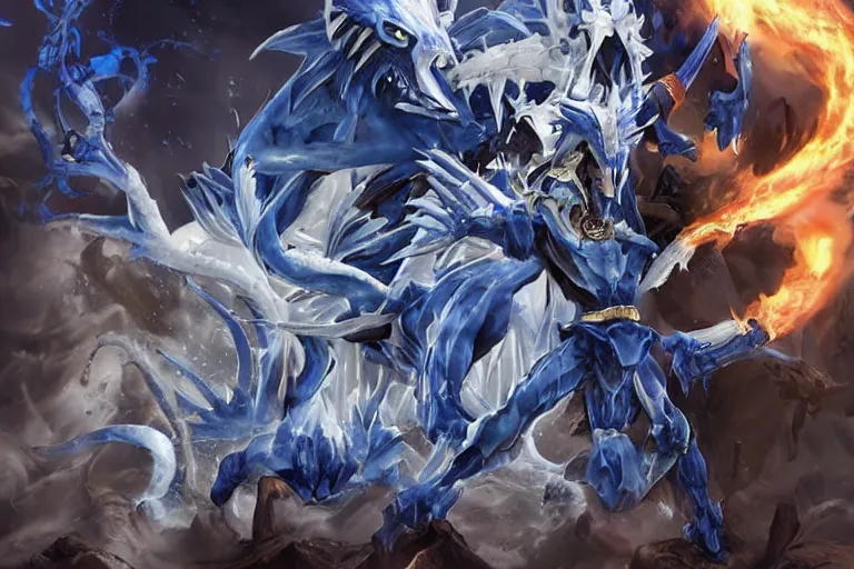 Prompt: a blue - eyes white dragon ( from the yu - gi - oh ), heavily armed and armored facing down the dark magician ( from yu - gi - oh ), in a dark and gritty version from the makers of mad max : fury road. witness me.