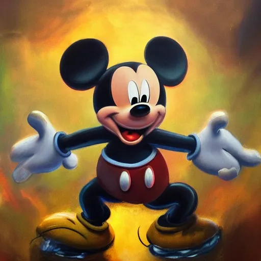 Prompt: mickey mouse in hell, oil painting, trending on artstation, renaissance, highly detailed, dynamic pose, gloomy