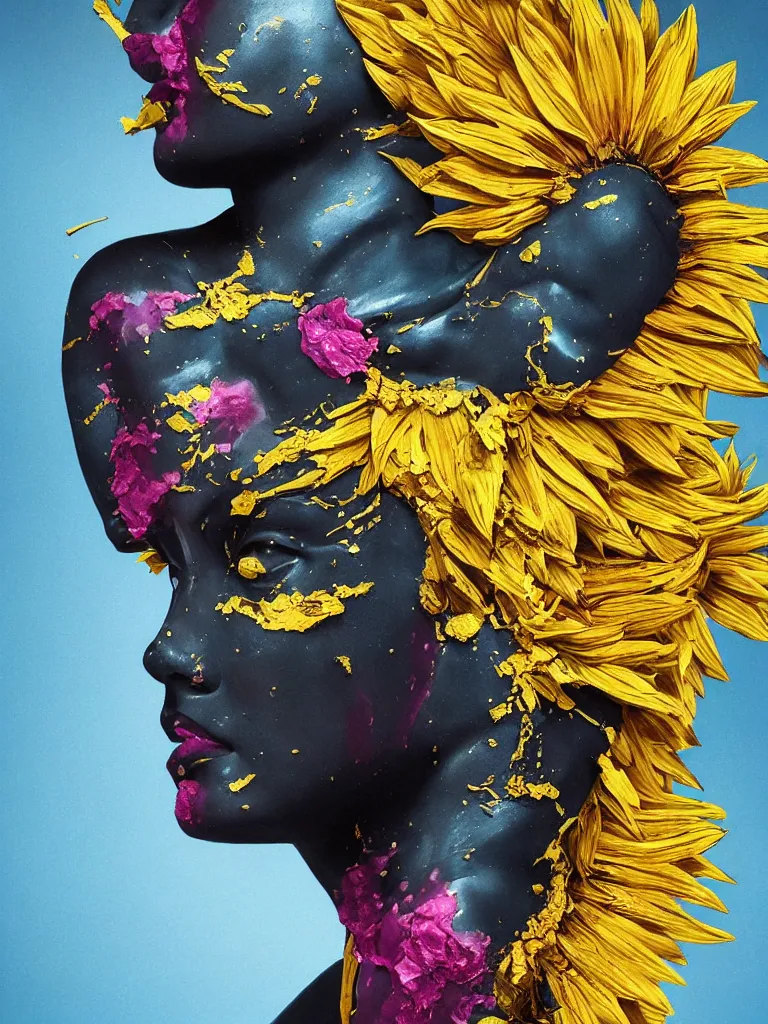 Image similar to symmetrical painting of a fractured dark obsidian greek statue of asian female beauty, yellow gemstones spikes, crystallic sunflowers, lightblue dripping acrylic paint and magenta tar, repaired with kintsugi, rendered in octane trending on cgsociety. extremely detailed and intricate art, corruption, sleek