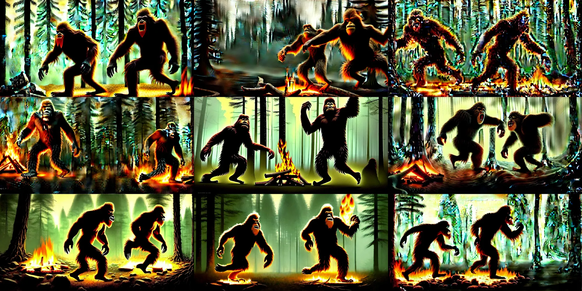 Prompt: angry bigfoot dancing near a fire, in forest, concept art by greg rutkowski, Craig Mullins, Todd McFarlane, masterpiece, award-winning, cinematic lighting, sharp focus, concept art, vibrant colors, photorealism, terror, hysterical, horrifying, digital art, destruction, the void, ominous, octane render, fear, very detailed, evil, intricate details, high definition, 16k, Artstation,