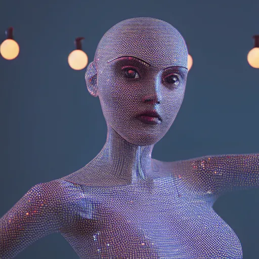 Prompt: beautiful Fine art photography of a solarpunk part robot mostly human girl with real human face and torso, small lights over body, white background, highly detailed, medium shot, photorealism, sunset lighting 8k