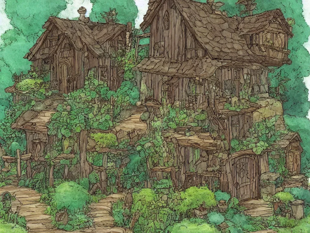 Prompt: garden wood house in the style of studio ghibli