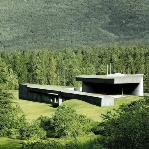 Image similar to lush and beautiful green mountain landscape, with a brutalist futuristic building, architecture, unpainted concrete, by aalto alvar, by ando tadao, by chipperfield david, frank lloyd wright, by peter zumthor