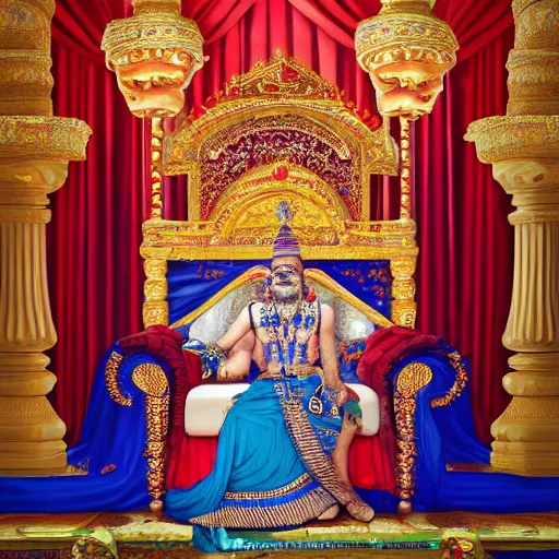 Prompt: the king of india sitting on a throne, detailed face with red lips, blue eyes and large forehead, moody atmosphere, digital art, highly detailed, high contrast, beautiful lighting, award winning, trending on art station, photorealistic, 8 k,