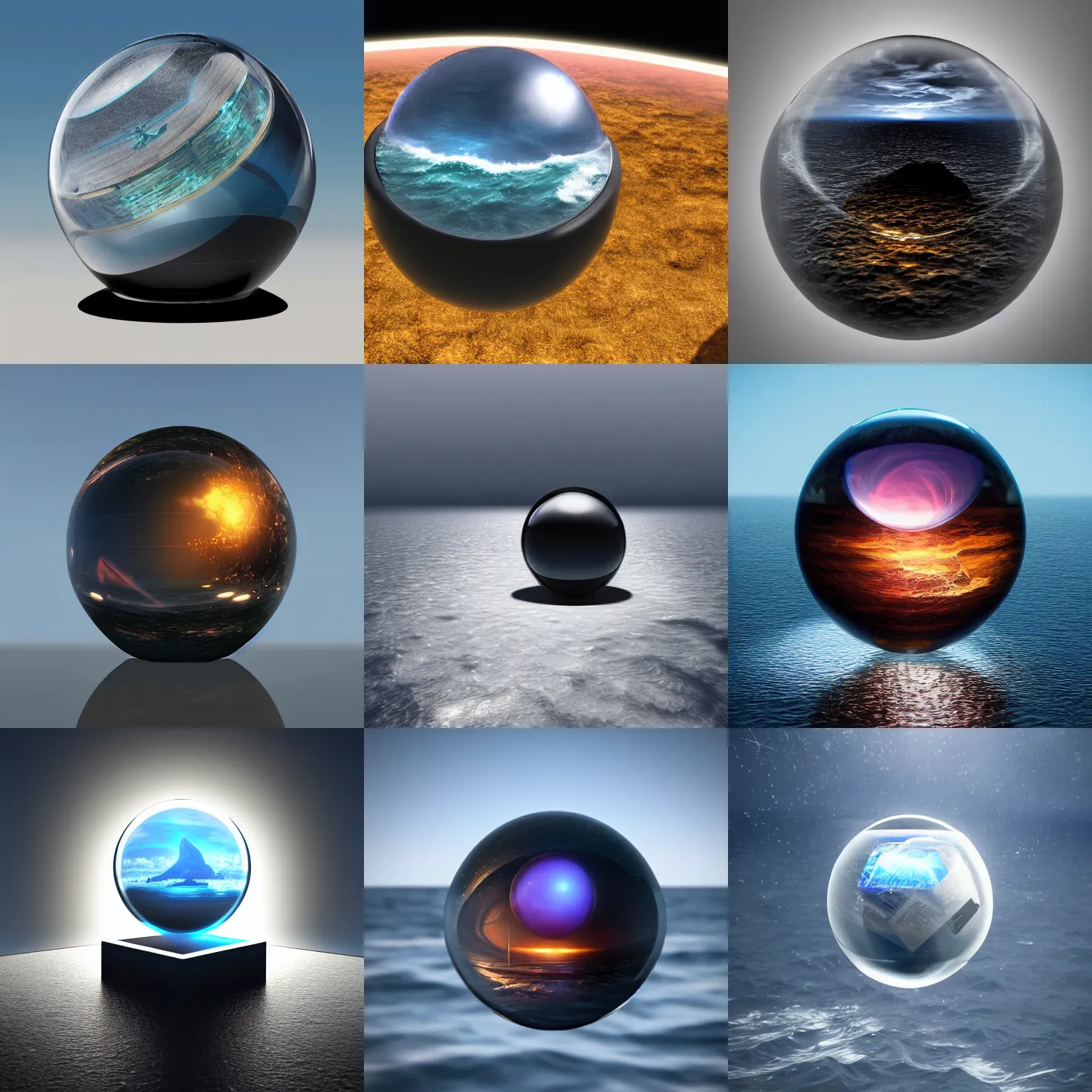 Prompt: A dark cube inside a glass sphere hovers over the ocean, 8k photorealistic, HD, high details, concept art, trending on artstation