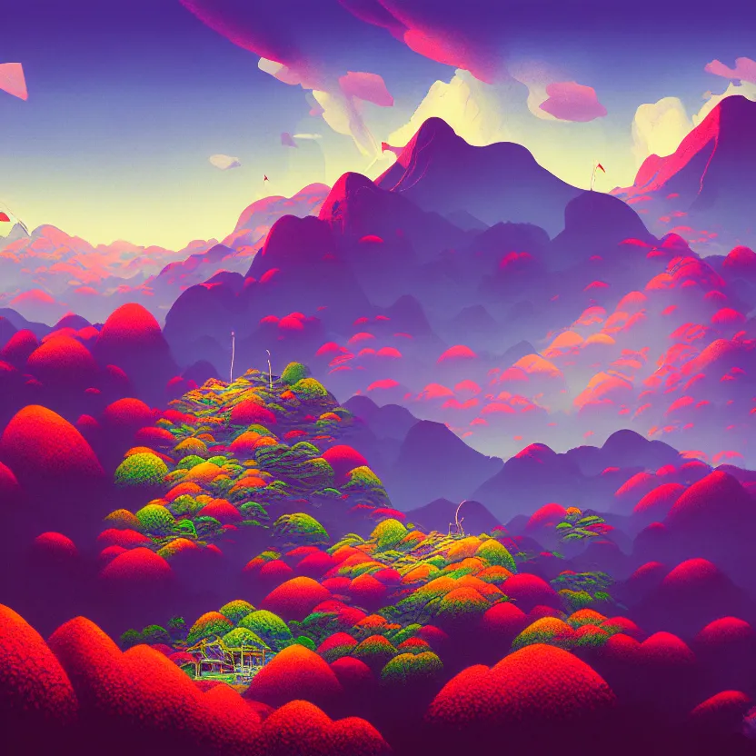 Image similar to kinabalu mountain, summer morning, very coherent and colorful high contrast, art by! gediminas pranckevicius! geof darrow, pastel color, volumetric lighting, cinematic, floralpunk screen printing woodblock, dark shadows, hard lighting, stippling art