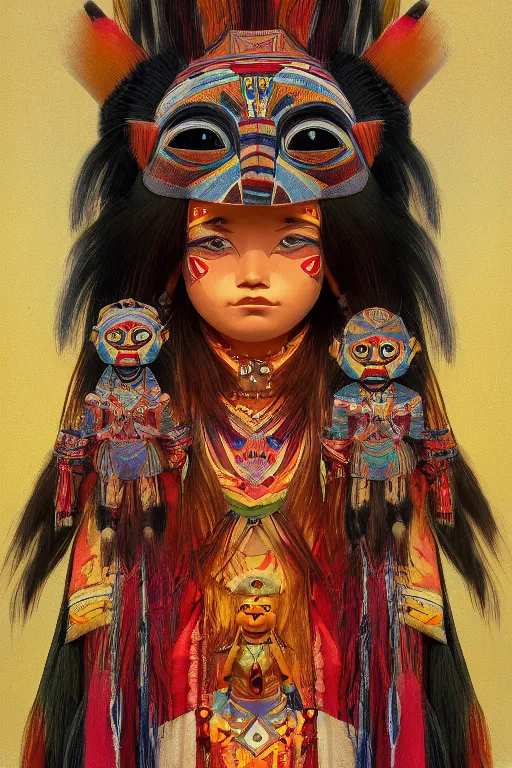 Prompt: A beautiful portrait of Hopi kachina dolls, symmetrical features, cinematic lighting, soft bokeh, fantasy, modern, colourful, highly detailed, digital painting, artstation, deviantart, concept art, sharp focus, illustration, by alphonse mucha