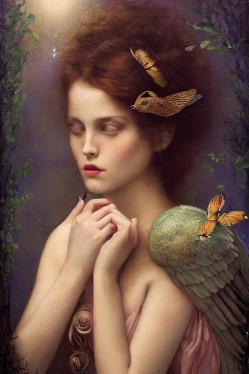 Image similar to An extremely beautiful young woman explaining the birds and the bees by Tom Bagshaw in the style of a modern Gaston Bussière, art nouveau, art deco, surrealism. Extremely lush detail. Melancholic night scene. Perfect composition and lighting. Profoundly surreal. High-contrast lush surrealistic photorealism. Sultry and mischievous expression on her face.