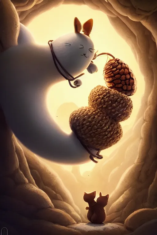 Image similar to round antropomorphic acorn and his cat friend in a slice of life movie, cerebri movie poster, by nuri iyem, james gurney, james jean, greg rutkowski, anato finnstark. pixar. hyper detailed, 5 0 mm, award winning photography, perfect faces