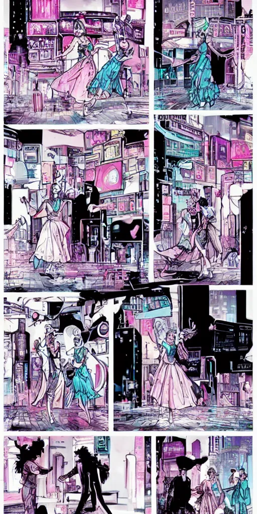 Prompt: !dream Marie antoinette and court princess dancing in cyberpunk city street, kowloon, blade runner, Laurie Greasley, Jen Bartel, Tarmo Juhola, Roger Deakins