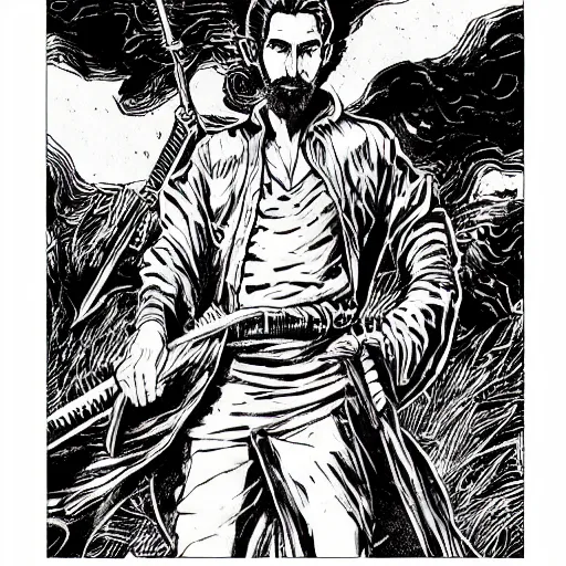 Prompt: pen and ink!!!! attractive 22 year old deus ex Frank Zappa x Ryan Gosling golden!!!! Vagabond!!!! floating magic swordsman!!!! glides through a beautiful!!!!!!! battlefield magic the gathering dramatic esoteric!!!!!! pen and ink!!!!! illustrated in high detail!!!!!!!! by Hiroya Oku!!!!!!!!! Written by Wes Anderson graphic novel published on Cartoon Network MTG!!! 2049 award winning!!!! full body portrait!!!!! action exposition manga panel