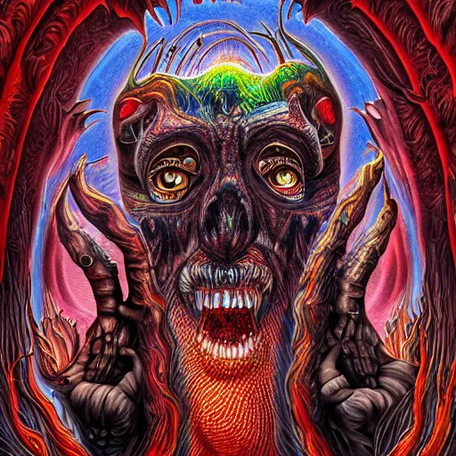 Prompt: horrifying monster in hell, maximalist, high detail, 8k, ornate, dark fantasy, realistic, masterpiece, Trending on art station, complex, Alex Grey