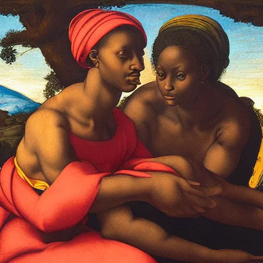 Prompt: Michelangelo painting of an African woman holding hands with a white woman