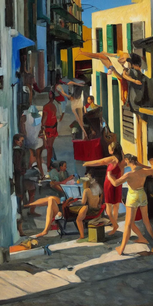 Prompt: local people having fun in the city of salvador, brazil, artwork by edward hopper, close-up, interiors, leisure activities, close medium shot, strange vegetation, futuristic, people, cinematic lighting, atmospheric, andrei tarkovski, trending on artstation