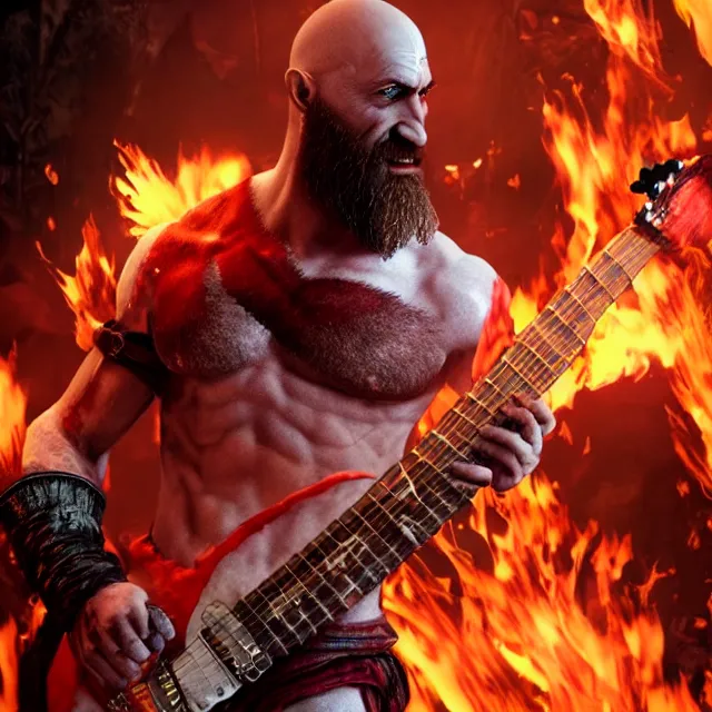 Image similar to kratos rocking out on a flaming stratocaster guitar, cinematic render, god of war 2 0 1 8, playstation studios official media