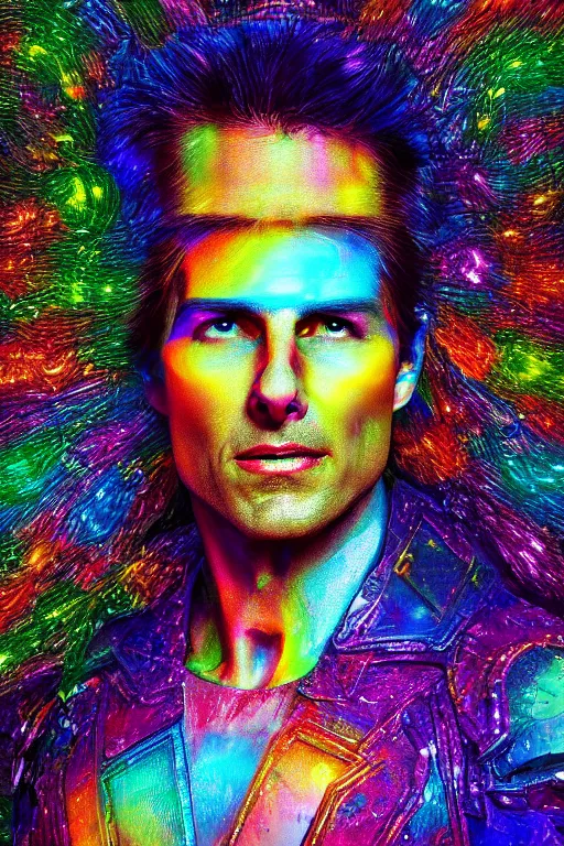 Image similar to a hyperdimensional jester, tom cruise, neon rainbow quartz, gemstone, 4k detailed hyperrealistic digital photo by Andy Thomas, Mario Martinez, Daniel Mirante, Gustave Dore, Artstation, CGsociety