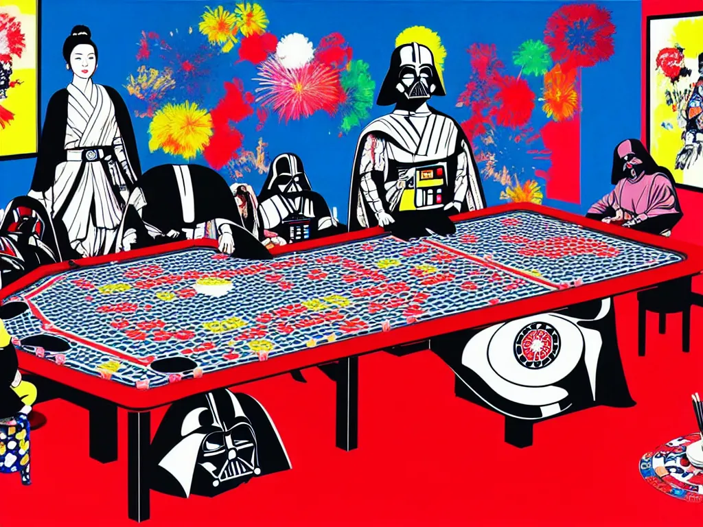 Image similar to hyper - realistic composition of a large room with an extremely detailed poker table in the center, woman in traditional japanese kimono standing nearby, darth vader sitting at the table, fireworks in the background, pop art style, jackie tsai style, andy warhol style, acrylic on canvas, dull palette