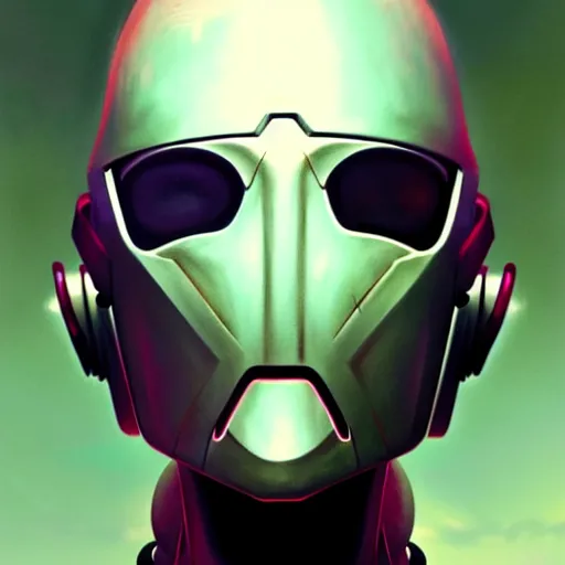 Image similar to detailed character concept art portrait of a masked robot, muted color palette, trending on artstation, award - winning video game concept art by jim burns and greg rutkowski, beksinski, a sci - fi concept art masterpiece, james gilleard, bruegel, alphonse mucha, and yoshitaka amano.