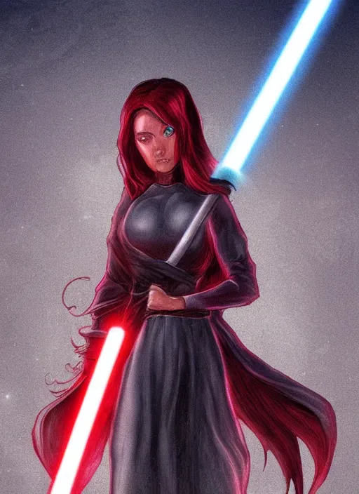 Image similar to comic style the evil moon is holding a Jedi red sword in her hands artstation