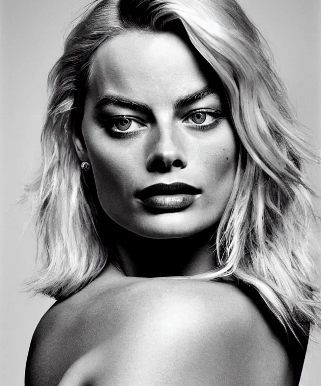 Prompt: a color photograph of margot robbie, by robert mapplethorpe, platinum blond, intense, bold, exaggerated, ultra sharp, extra details, ultra high quality, trending on pinteresst