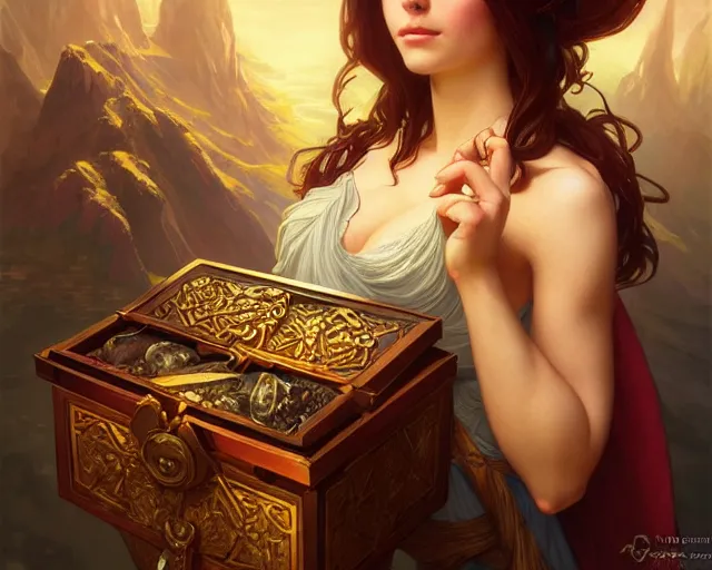 Image similar to open treasure chest with the greatest riches on earth, deep focus, d & d, fantasy, intricate, elegant, highly detailed, digital painting, artstation, concept art, matte, sharp focus, illustration, hearthstone, art by artgerm and greg rutkowski and alphonse mucha