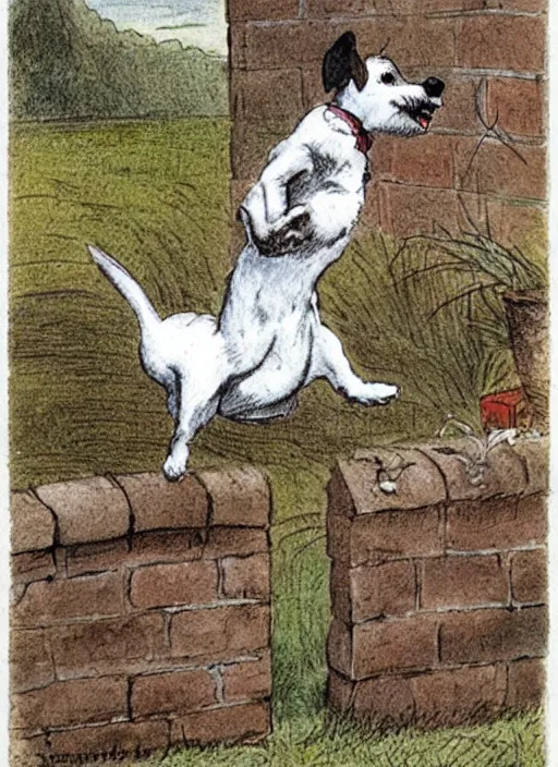 Prompt: jack russel terrier jumping from the ground over a brick fence, illustrated by peggy fortnum and beatrix potter and sir john tenniel