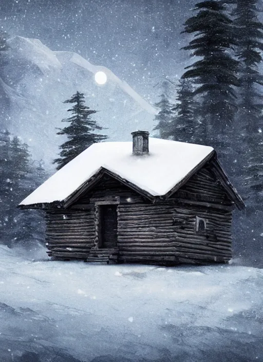 Image similar to an abandoned cabin on the top of a snowy mountain, new moon, greg rutkowski, 8 k, shallow depth of field, intricate detail, concept art,