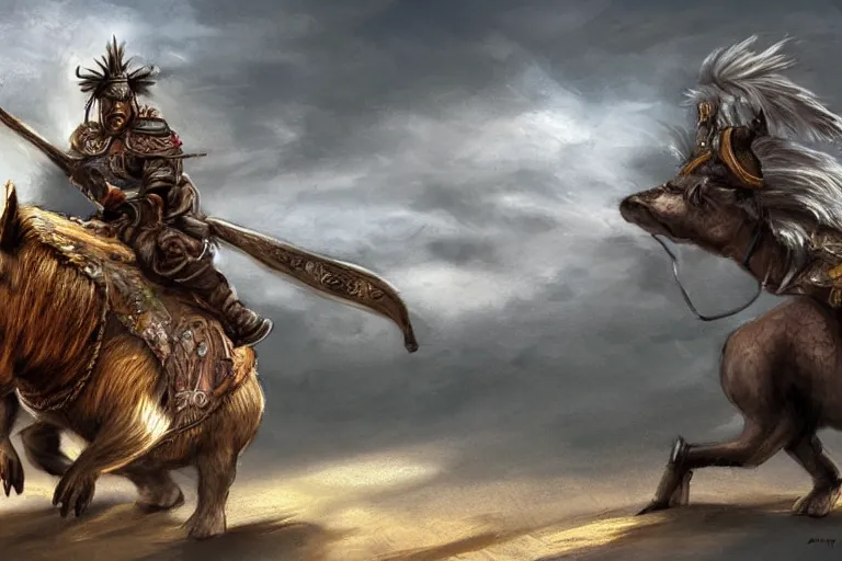 Image similar to a mongolian warrior riding a boar, fantasy concept art