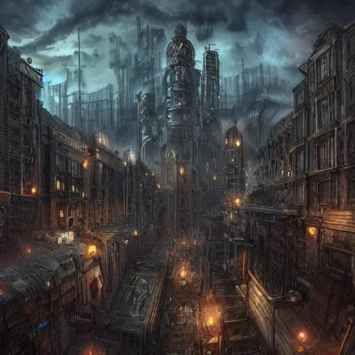 Prompt: dystopian steampunk cityscape