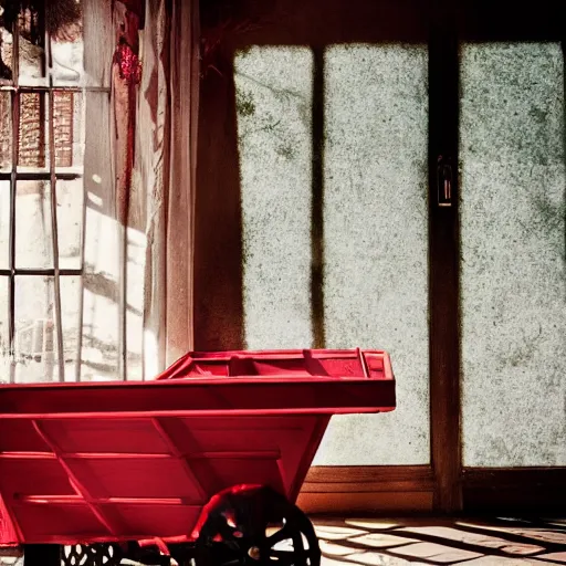 Prompt: A darkened kitsch-filled dusty parlor brightened by the morning sun, a (child\'s red wagon filled with books) is in the corner of the room, cinematic, vignette, ultrarealistic, photograph, 55mm