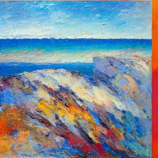 Image similar to rottnest island, modern, impressionist, highly textured landscape, palette knife, layered, sculptured, dynamic, oil on canvas