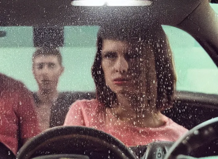 Image similar to A very high resolution image from a new movie, inside of a car, raining, hot, directed by wes anderson