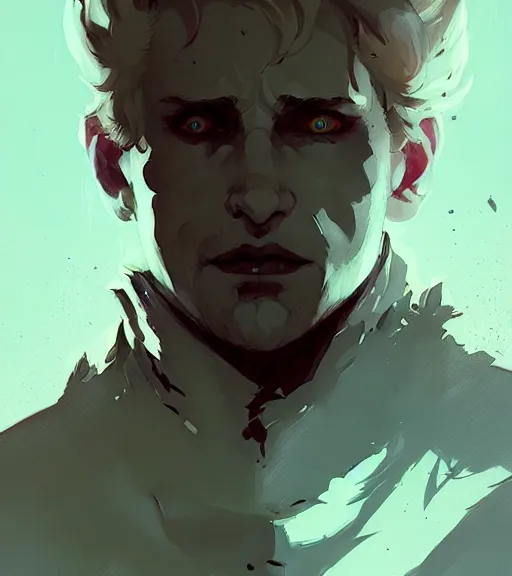 Image similar to portrait of cullen from dragon age fighting a demon by atey ghailan, by greg rutkowski, by greg tocchini, by james gilleard, by joe fenton, by kaethe butcher, dynamic lighting, gradient light blue, brown, blonde cream and white color scheme, grunge aesthetic