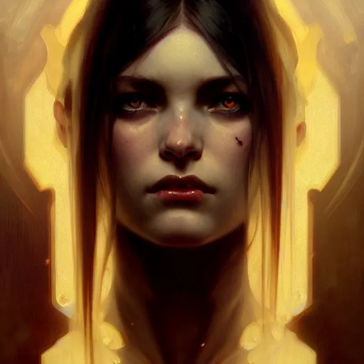 Image similar to Portrait of evil girl, face, dark fantasy, intricate, elegant, highly detailed, digital painting, artstation, concept art, smooth, sharp focus, illustration, art by zeronis and greg rutkowski and alphonse mucha